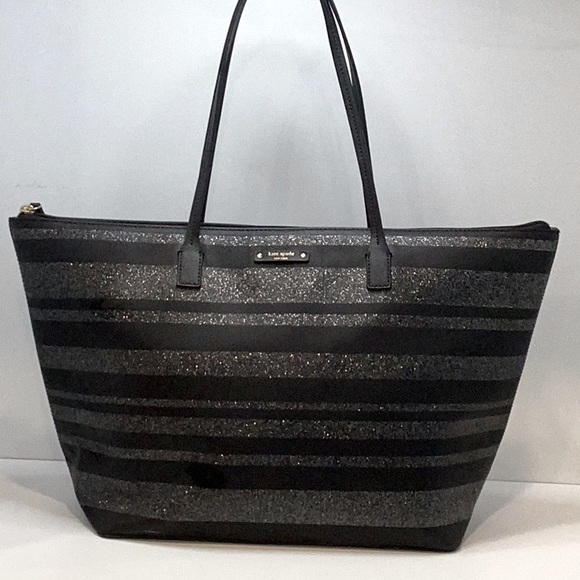 🍄 Kate Spade Black and Silver Striped Tote Bag - Picture 3 of 15